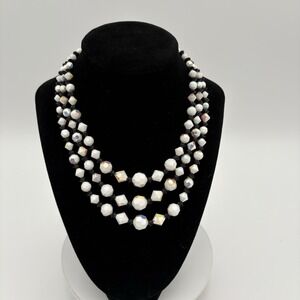 Aurora Borealis White Black Crystal Necklace‎ Triple Layered Stands Sparkling